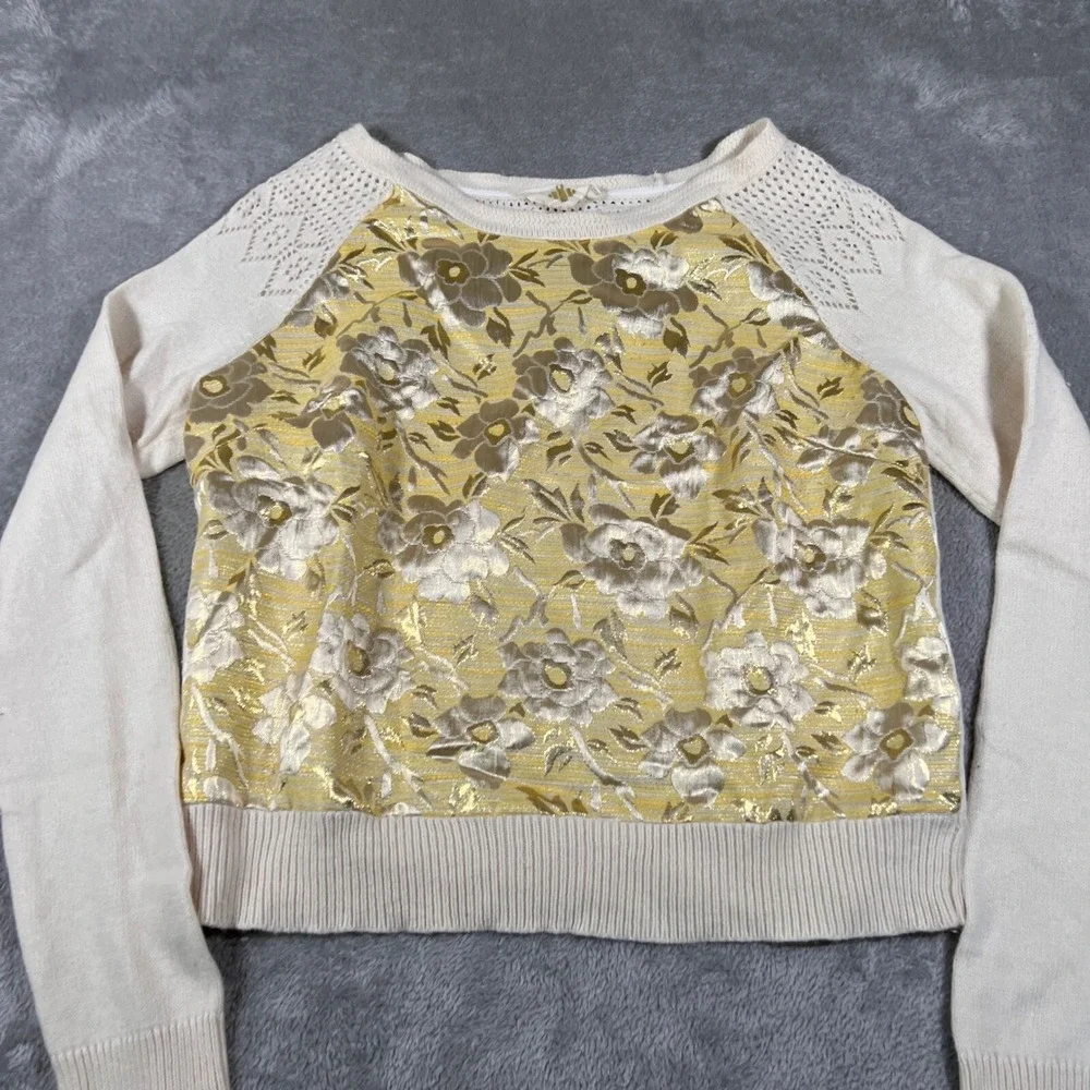 Anthropologie Pullover Womens Small Ivory Gold Leaf Brocade Front Glitter Floral